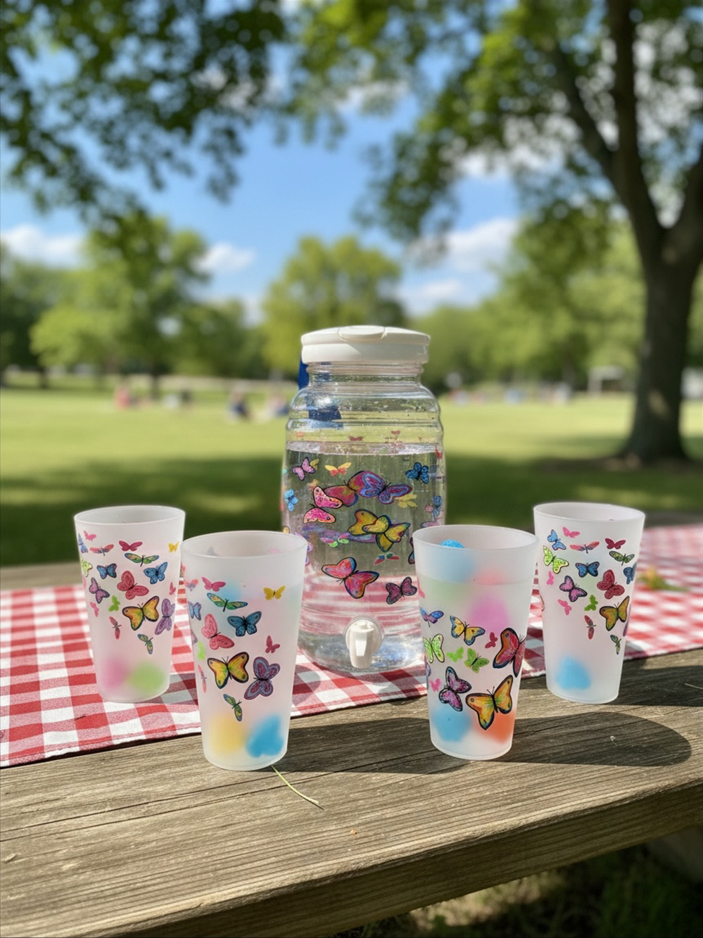 NOS JC Penney Butterfly Beverage Dispenser Set 4 Cups Ice Cubes New